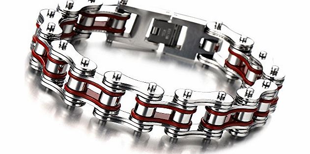 H C Masculine Mens Bike Chain Bracelet of Stainless Steel Silver Red Two-tone High Polished