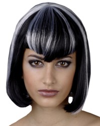 Halloween Wig: Widows Peak Bob w White Streaks