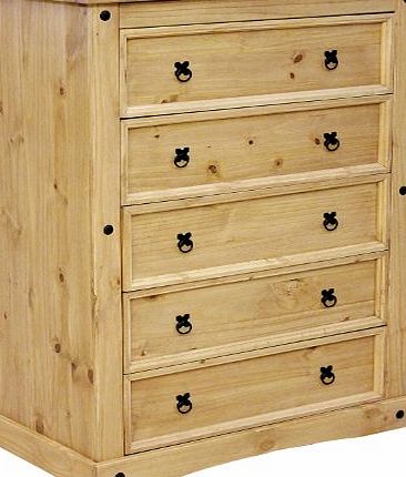 Heartlands 5 Drawer Wide Chest - Corona Distressed Waxed Pine - Bedroom Furniture - Black Metal Handles