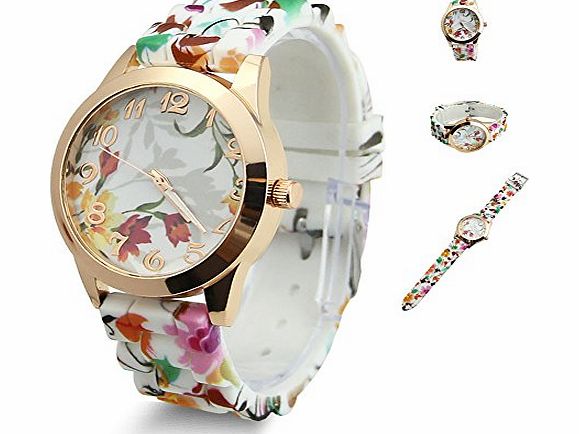 Estone Hot Fashion Women Dress Watch Silicone Printed Flower Causal Quartz Wristwatches (Wine Red)