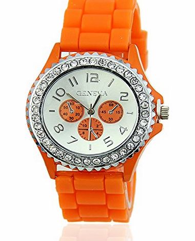 New Women Girl Lady Geneva Silicone Crystal Stone Quartz Jelly Wrist Watch (Red)