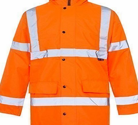 Hi-Viz Hi Viz 3/4 Length Parka Reflective Tape Waterproof Quilted Railway Work Jacket Coat High Vis Safety Workwear Security Road Works Concealed Hood Fluorescent Flashing EN471 Orange/Navy XXLarge