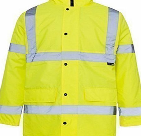 Hi-Viz Hi Viz 3/4 Length Parka Reflective Tape Waterproof Quilted Work Jacket Coat High Vis Safety Workwear Security Road Works Concealed Hood Fluorescent Flashing EN471 Yellow Medium