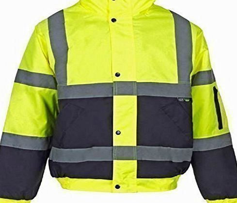 Hi-Viz Hi Viz Bomber Jacket Two Tone Reflective Tape Waterproof Quilted Work Jacket Coat High Vis Safety Workwear Security Road Works Concealed Hood Fluorescent Flashing EN471 Yellow/Navy XLarge