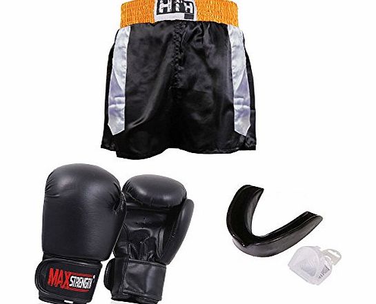 Hit Em Hard MEDIUM, BOXING SHORT BLACK , BOXING GLOVES REX LEATHER, GUM SHEET SENIOR BLACK