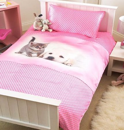 HOMEMAKER BEDDING PINK SATIN BEDDING - SINGLE DUVET COVER BED SET WITH KITTEN amp; PUPPY