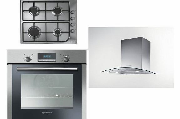 Hoover Built-in Multi Function Oven HOC709/6X, 4 Burner Gas Hob HGL64SC and HGM61X 60CM Glass Chimney Hood