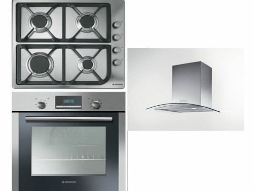 Built-in Multi Function Oven HOC709/6X, 4 Burner Gas Hob HGL64SCX and HGM61X 60CM Glass Chimney Hood