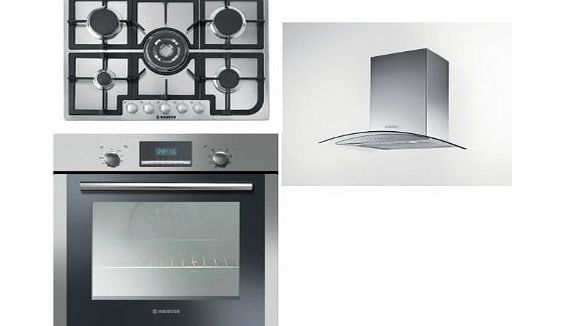 Built-in Multi Function Oven HOC709/6X, 5 Burner Gas Hob HGH75SQCX and HGM61X 60CM Glass Chimney Hood