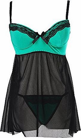 Hotportgift Hot Sexy Satin Babydoll Womens Ladies Lingerie Nightdress MINI Dress G-string Sleepwear Green (XL(UK16-18), Green)