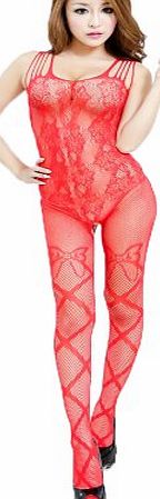 Hotportgift Hotportgify Womens One Piece Fishnet Open Crotch Body Stocking Bodysuit Black Crotchless Fish Net Body Stocking (red)