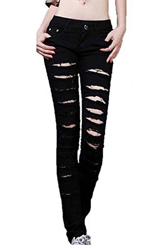 Hotportgift Women Black Cotton Denim Punk Ripped Jeans Sexy Slim Cut off Leggings