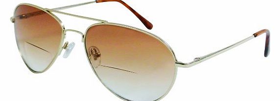 I-Sential  1.50 Bifocal Reading Sunglasses, Designer Pilot Style Gold Aviator Frame, Flex Temples, 100 UV Protection Tinted Brown Lenses, Retro Fashion Mens Womens Unisex  1.5 Prescription