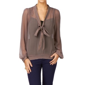 Ichi Tops - Ichi Sheer Bow Blouse Top - Fungus