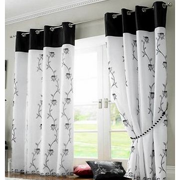 White / Black Eyelet Curtains - Embroidered Lined Voile - Tahiti 56 x 90