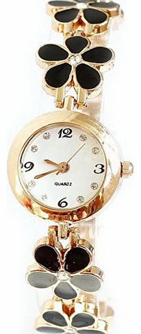 Women Girl Chic Fashion Daisies Flower Rose Golden Bracelet Wrist Watches (Black)