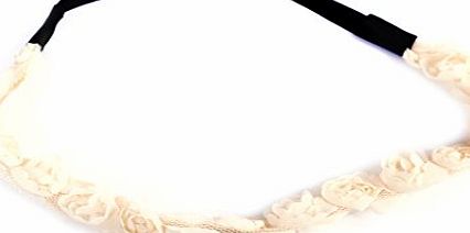 Inca Festival Headband Roses Chiffon Lace Hair Band Flower Wedding Prom Hippie - Cream