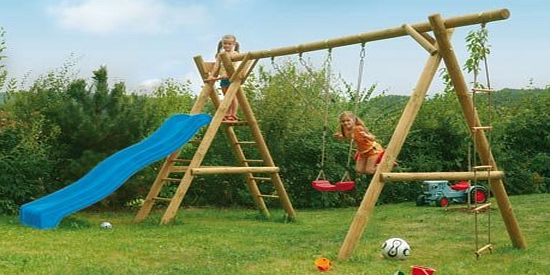 intergard.eu Swing set wooden Antoni complete incl. slide blue 300cm, 2 swings, 4 swinghooks, 4 ground anchors, fasteners 450x195x230cm