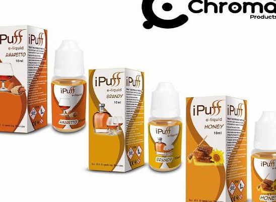 iPuff E-Liquid Herbal Shisha Flavour Vape 0mg Nicotine - 1 x Amaretto, 1 x Brandy, 1 x Honey Flavours