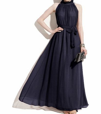 Elegant Summer Chiffon Ruffle Neck Sleeveless Evening Ball Gown Long Maxi Dress With chiffon belt (pink)