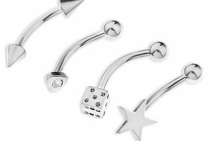 Izmit Stainless Steel Arrow Head, Foiled Crystal Heart, Dice and Star Eyebrow Bar Set