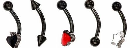 Izmit Stainless Steel Ball, Arrow Head, Red Enamel Heart, Black Enamel Heart, White Enamel Star Eyebrow Bar Set