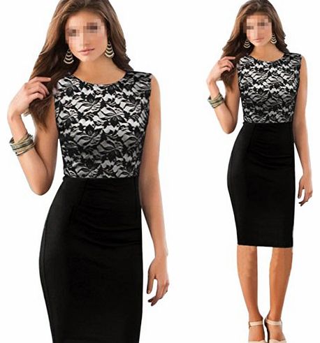 Janecrafts Elegant Pinup Floral Lace Colorblock Bodycon Pencil Shift Dress (M)