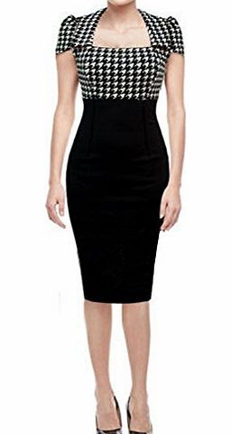 Janecrafts Popular Summer Women Elegant Square Neck High Waist Bodycon Houndstooth OL Formal Party Dress (M)