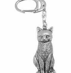 Solid Pewter Sitting Cat Kitten Pet Lover Keyring / Bag Charm Gift -