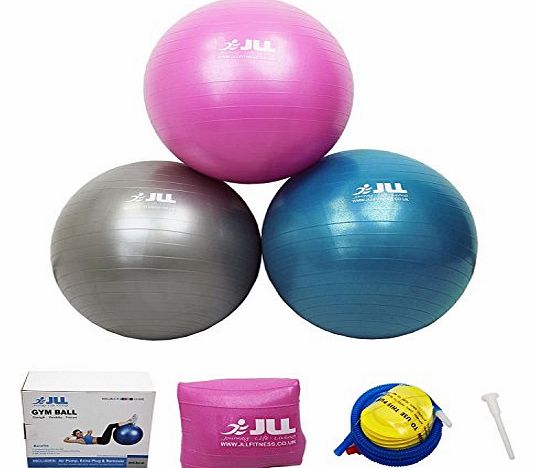 JLL Anti-Burst Fitness ball, 55CM diameter, Eco friendly with no smell, Foot Air Pump included, Boxed product, -Pink / Purple / Silver/ Blue (blue)