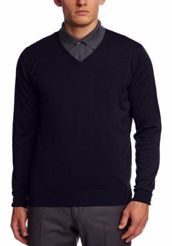 John Smedley Mens Bobby V-Neck Long Sleeve Jumper, Blue (Midnight), Large