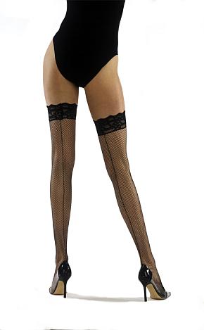 Ladies 1 Pair Jonathan Aston Back Seam Fishnet Lace Top Hold Ups Black / Silver