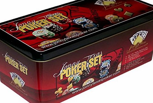 Jonny Texas Poker Set with 200 Chips, Playing Matt amp; 2 Packs Cards in Metal Tin