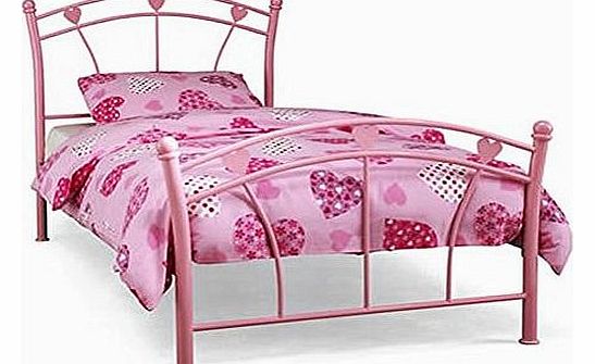 Julian Bowen Jemima Girls Bed Frame - 3Ft Single - Pink Metal Bed Base - Pink Love Hearts