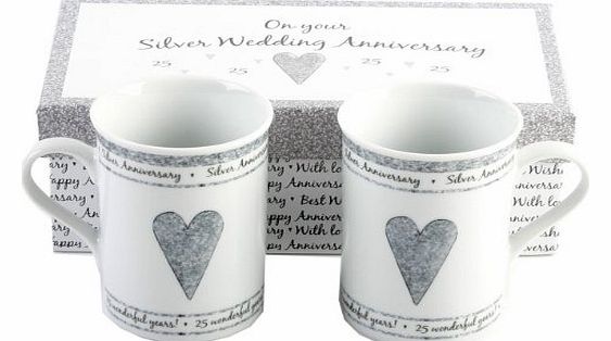 PAIR OF GIFT BOXED SILVER ANNIVERSARY MUGS - 25TH ANNIVERSARY