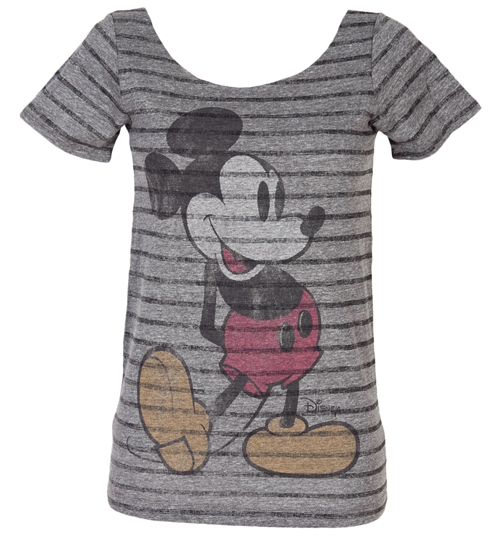 Ladies Striped Triblend Slash Neck Mickey Mouse