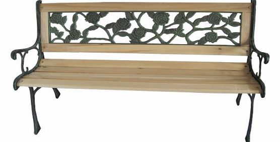 KMS FoxHunter 3 Seater Wooden Slat Garden Bench Seat Rose Style Cast Iron Legs