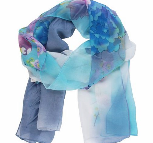 Kobwa TM) Fashion Picapica Peony Flower Print Soft Chiffon Shawl Scarf(Sky Blue,Purple) With Keyring