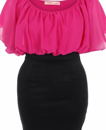 Krisp  Oversize Contrast Pleated Chiffon Batwing Ponte Pencil Mini Dress Party (Cerise,14)