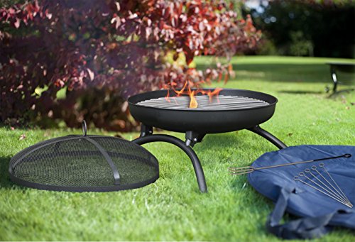 La Hacienda 58167 Camping Portable Firebowl with BBQ Grill and Folding Legs - Black