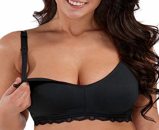 La Isla Womens Maternity Wire Free Cotton Lace Breastfeeding Nursing Bra Black 36 DD