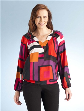 Ladies Graphic Print Smocked Waist Blouse