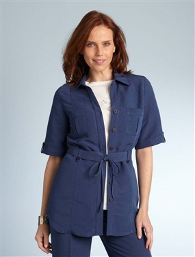 Ladies Linen Blend Blouse with Belt Tie