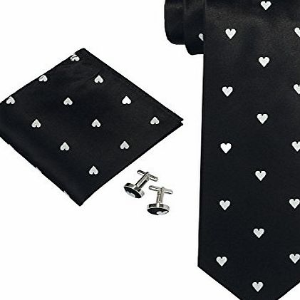 Landisun Exclusive Poker Pattern Mens Silk Tie Set: Tie Hanky Cufflinks 1862W Black White Hearts, 3.25``Wx59``L