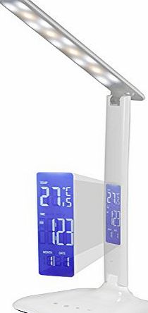 LANKA Foldable Adjustable Multi-Functional Touch Control 3 Lighting Modes and 5 Brightness Levels Dimmable LED Eye-care Reading Desk Table Lamp with Digital Thermometer Calendar Alarm Clock on LCD Sc