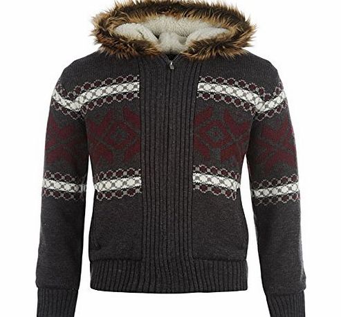 Lee Cooper Mens Fair Isle Knitted Hoody Long Sleeves Coat Zip Pockets Knitwear Charc Marl/Red S