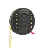 Leonardo Delfuoco Black Round Canvas and Leather Zip Around Coin Holder