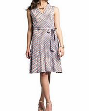 Orange and blue cube print faux wrap dress