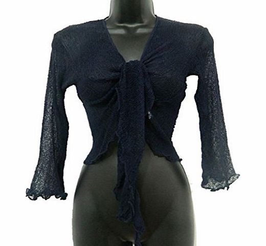 Likes Style Ladies Crochet Tie Up Cropped Bolero Cardigan Womens One Size Navy