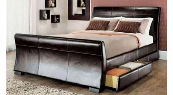 5ft king size leather sleigh bed with storage 4X drawers Brown